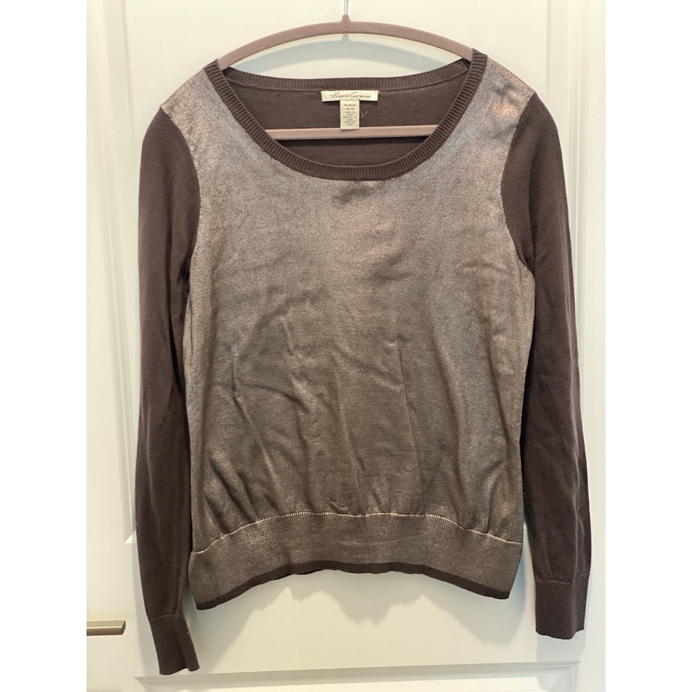 Kenneth Cole Womens Medium Sweater Brown & Metallic Unique Shimmer Scoop Neck